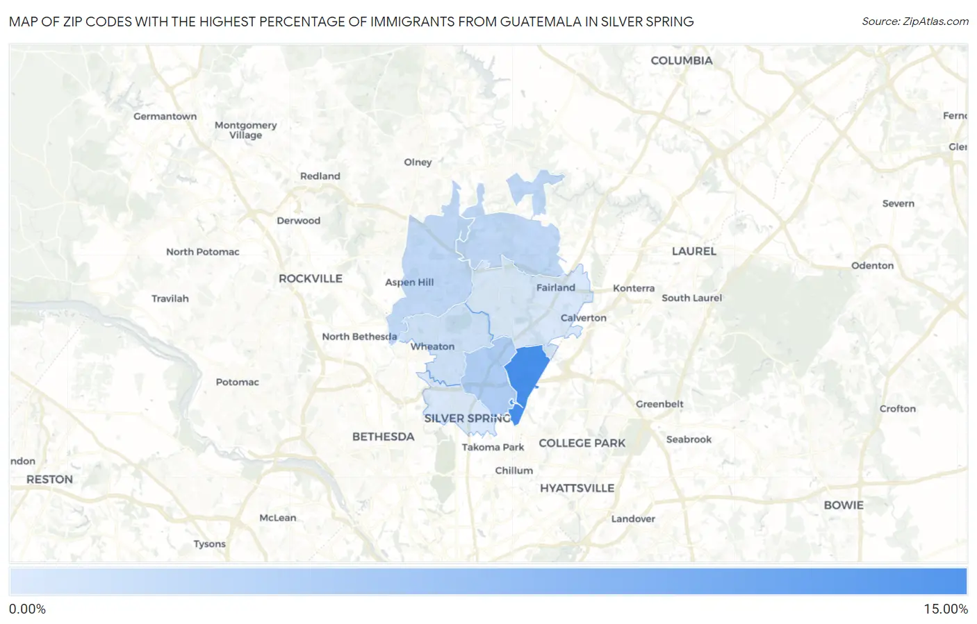 Zip Codes with the Highest Percentage of Immigrants from Guatemala in Silver Spring Map