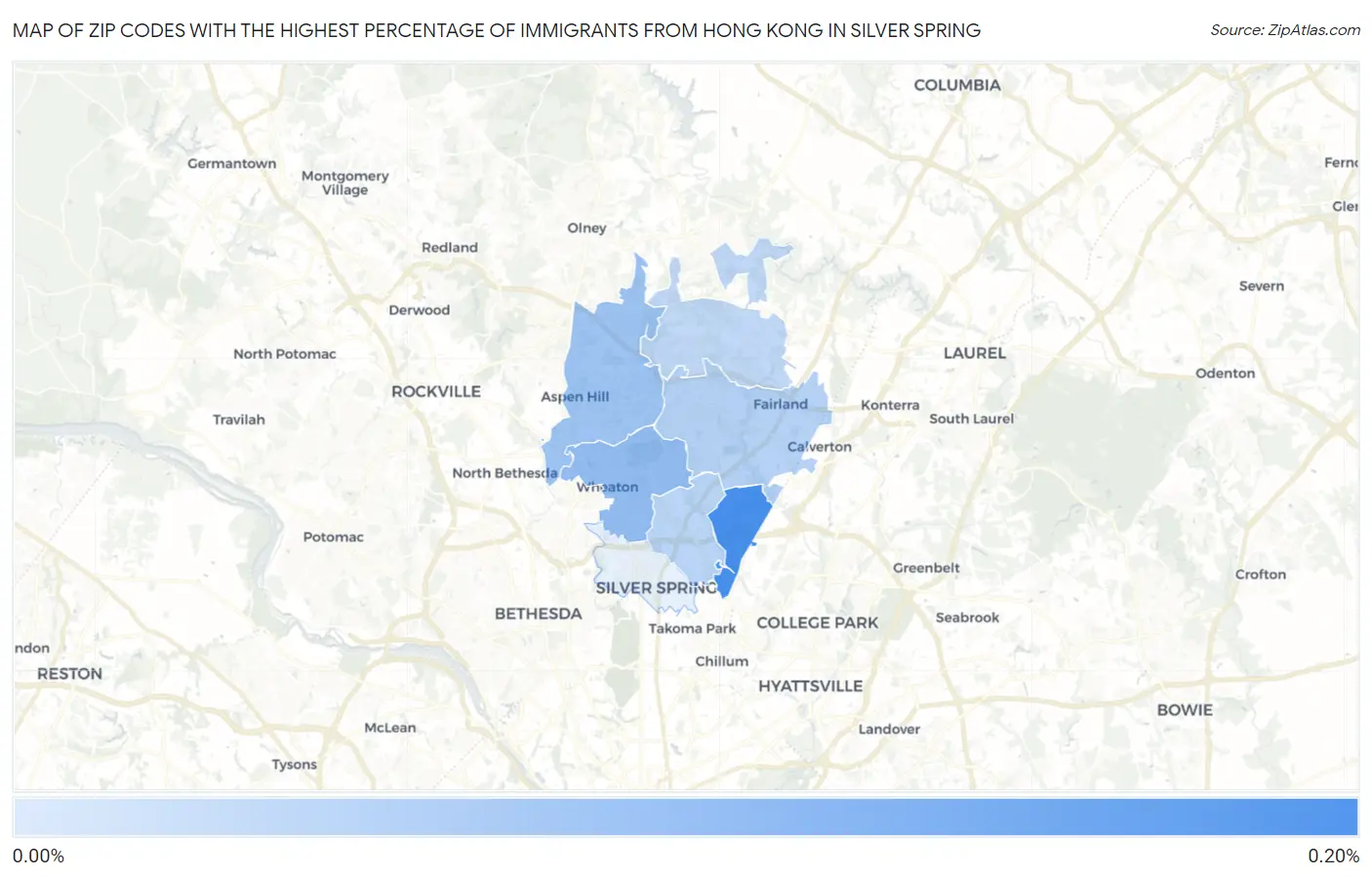 Zip Codes with the Highest Percentage of Immigrants from Hong Kong in Silver Spring Map