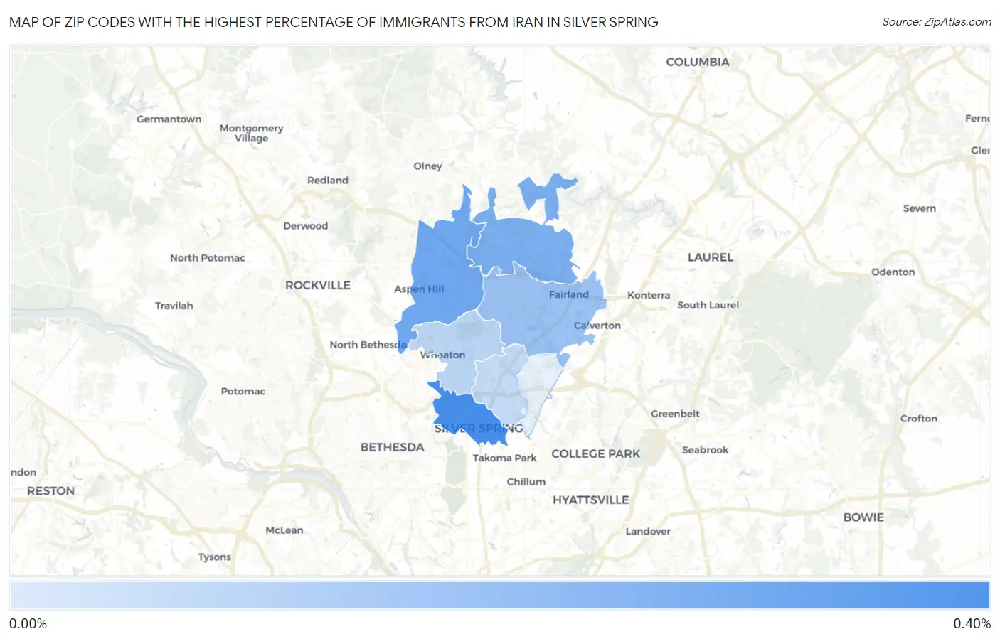 Zip Codes with the Highest Percentage of Immigrants from Iran in Silver Spring Map