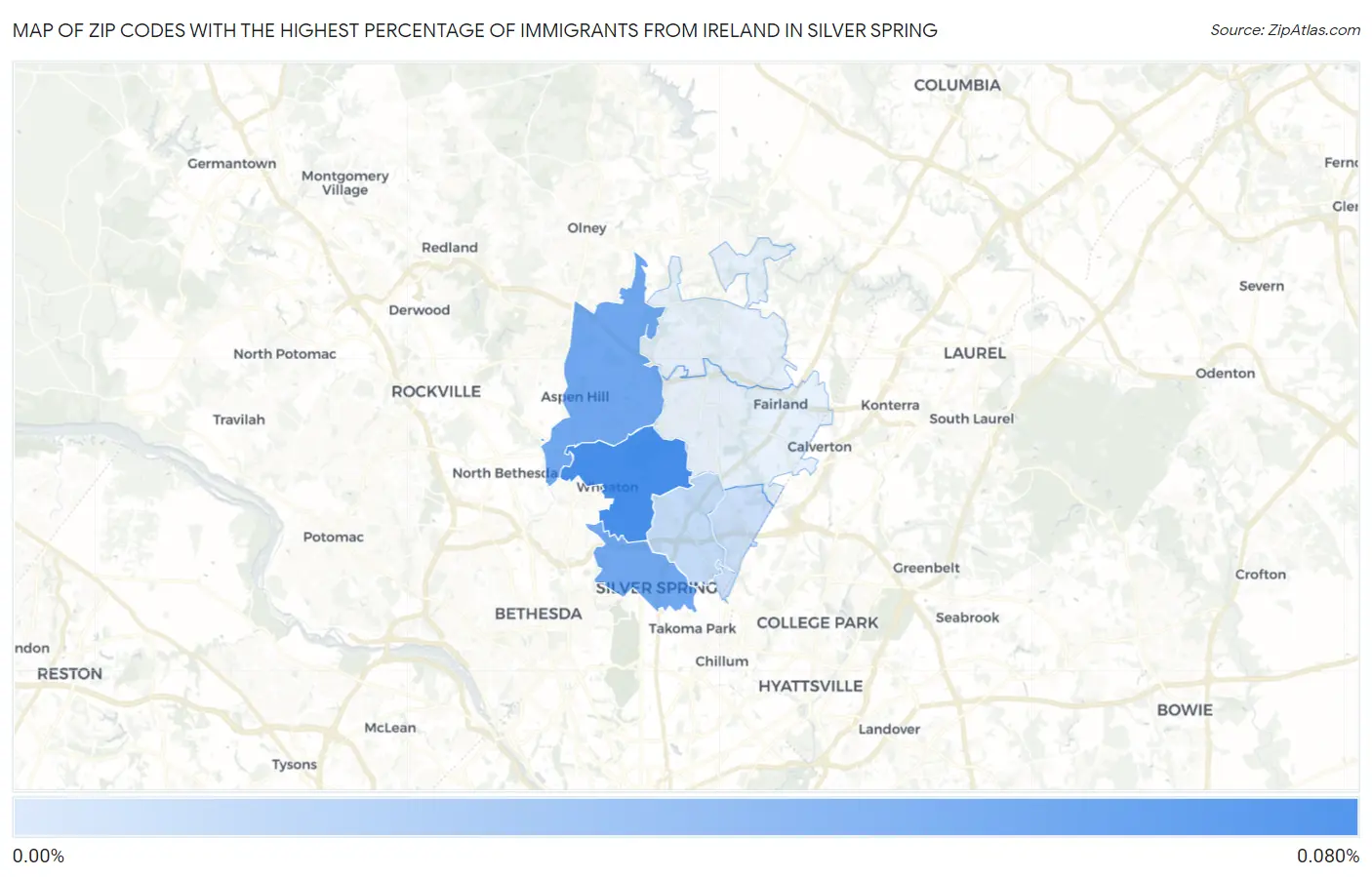 Zip Codes with the Highest Percentage of Immigrants from Ireland in Silver Spring Map