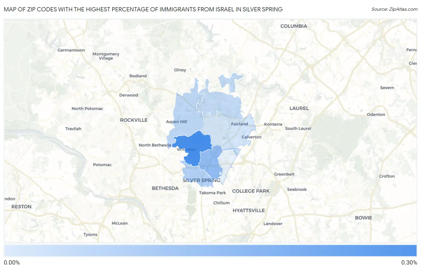 Zip Codes with the Highest Percentage of Immigrants from Israel in Silver Spring Map