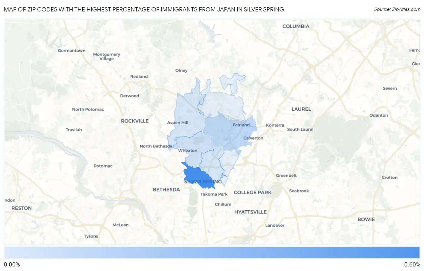 Zip Codes with the Highest Percentage of Immigrants from Japan in Silver Spring Map