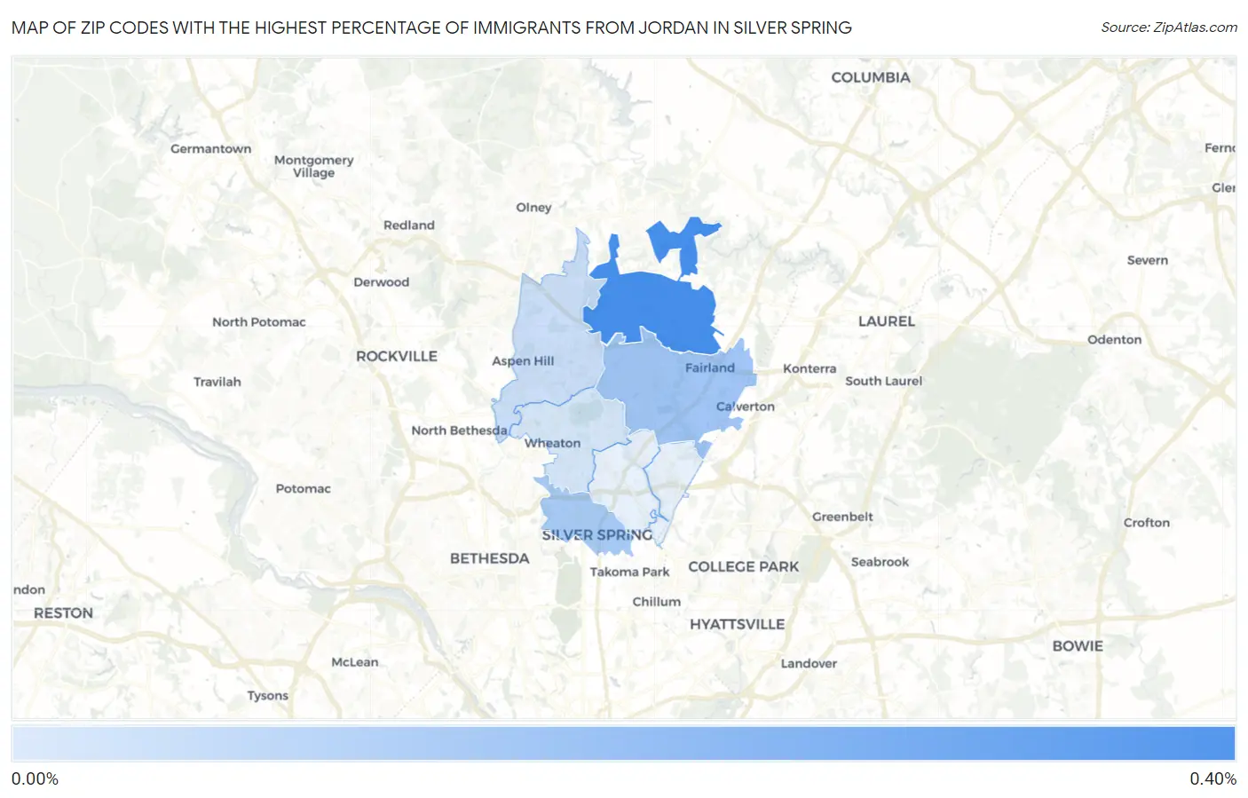 Zip Codes with the Highest Percentage of Immigrants from Jordan in Silver Spring Map