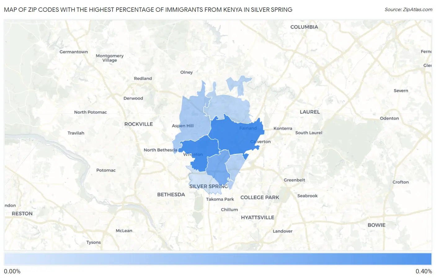 Zip Codes with the Highest Percentage of Immigrants from Kenya in Silver Spring Map