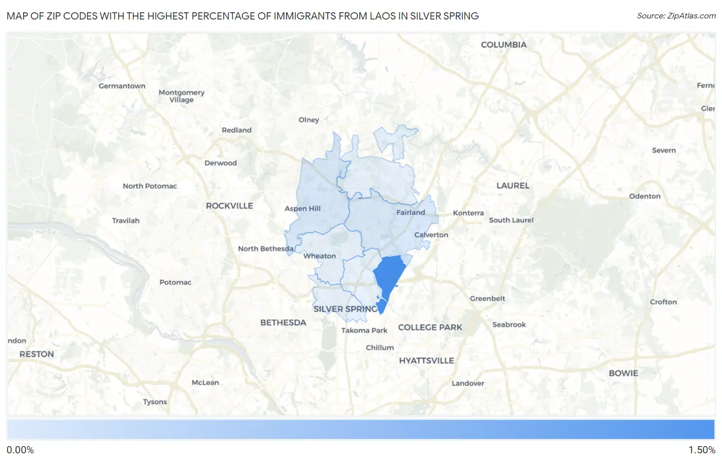 Zip Codes with the Highest Percentage of Immigrants from Laos in Silver Spring Map