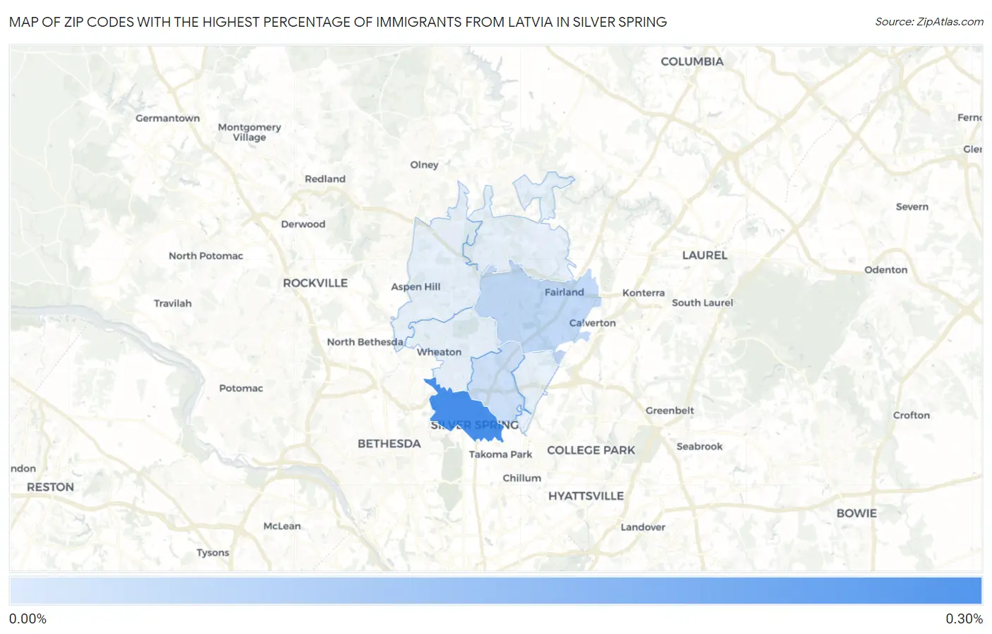 Zip Codes with the Highest Percentage of Immigrants from Latvia in Silver Spring Map