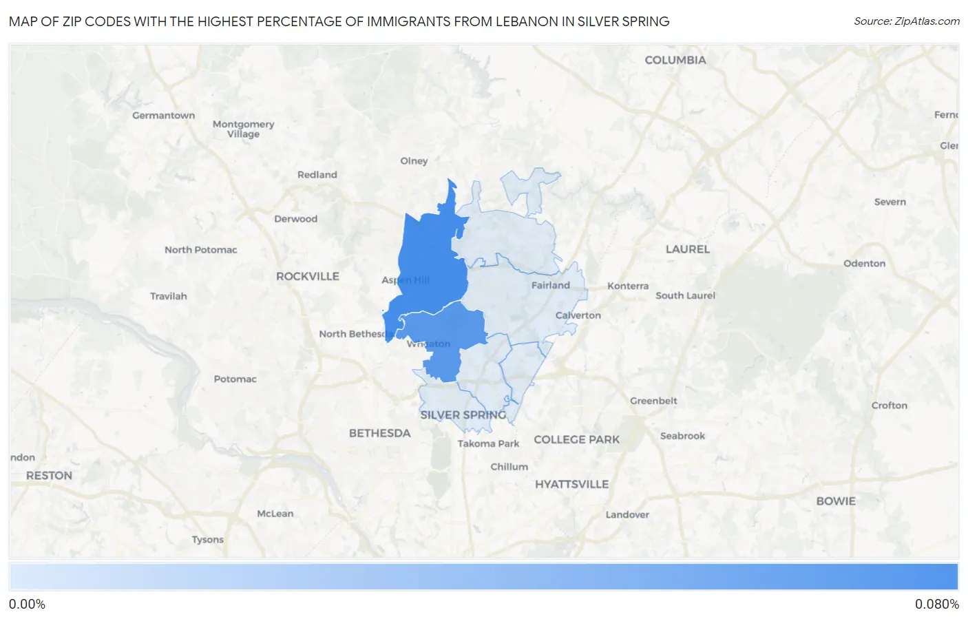 Zip Codes with the Highest Percentage of Immigrants from Lebanon in Silver Spring Map