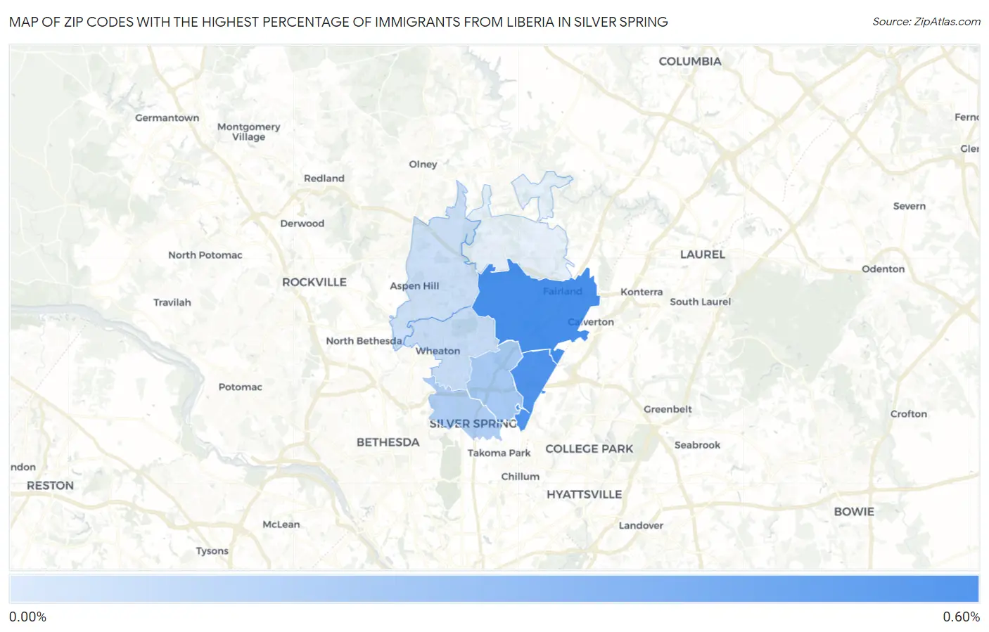 Zip Codes with the Highest Percentage of Immigrants from Liberia in Silver Spring Map