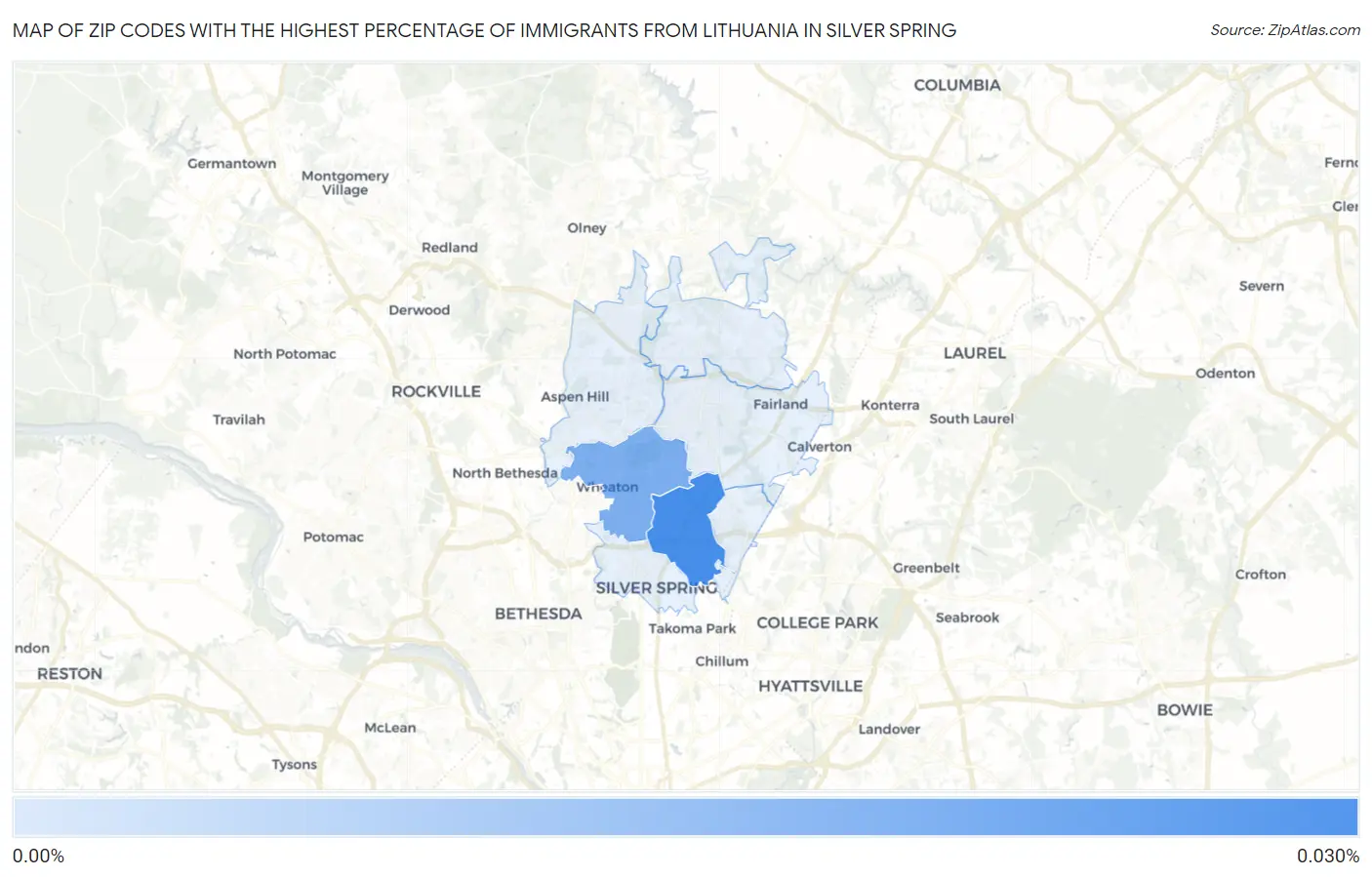 Zip Codes with the Highest Percentage of Immigrants from Lithuania in Silver Spring Map