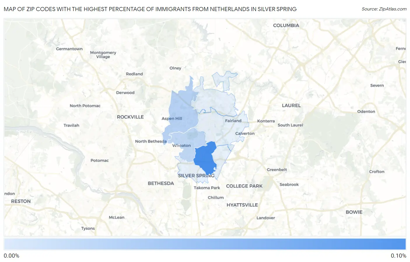 Zip Codes with the Highest Percentage of Immigrants from Netherlands in Silver Spring Map