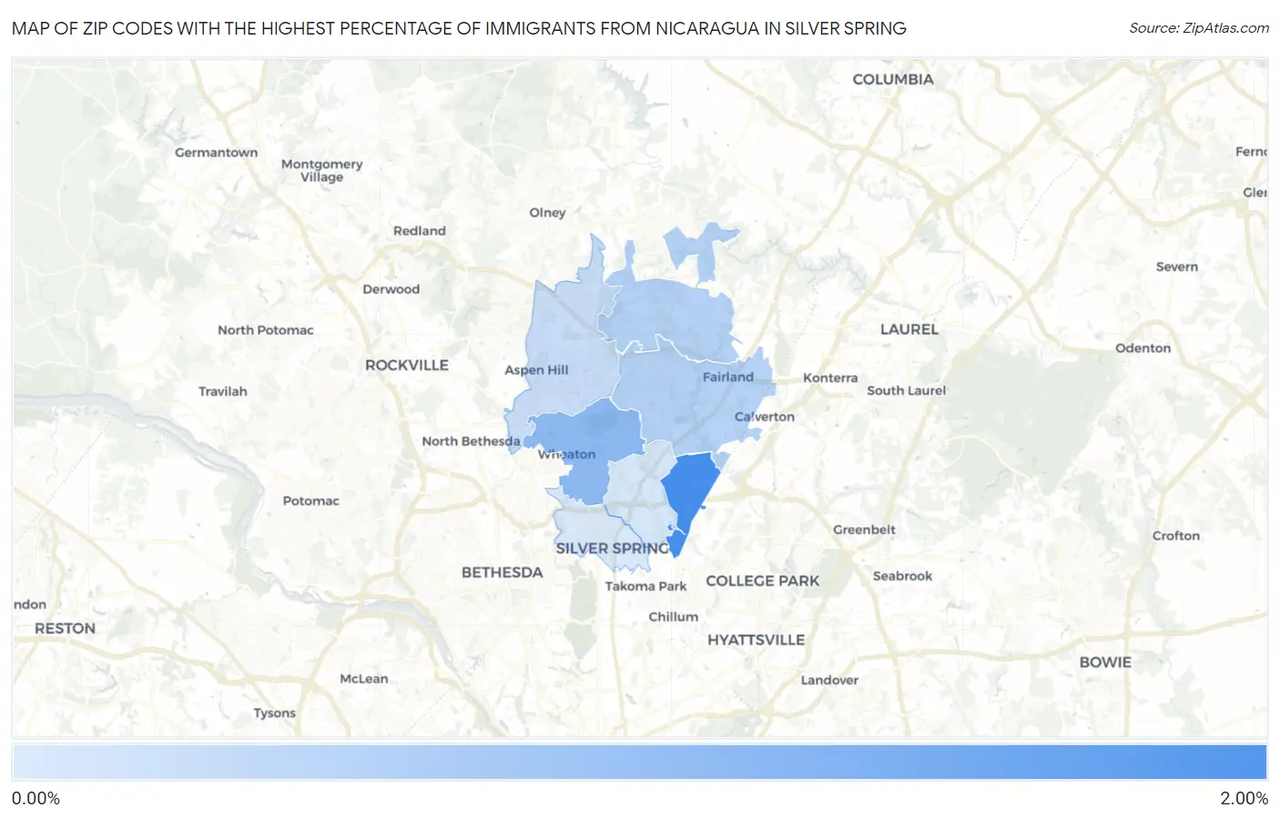 Zip Codes with the Highest Percentage of Immigrants from Nicaragua in Silver Spring Map