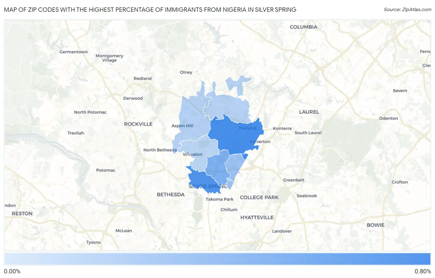 Zip Codes with the Highest Percentage of Immigrants from Nigeria in Silver Spring Map