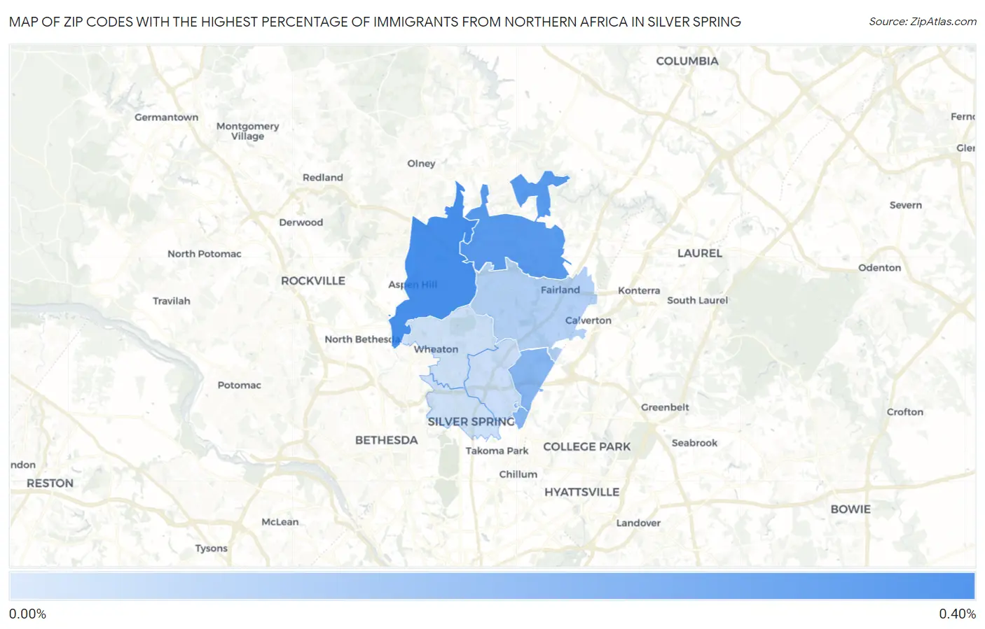 Zip Codes with the Highest Percentage of Immigrants from Northern Africa in Silver Spring Map