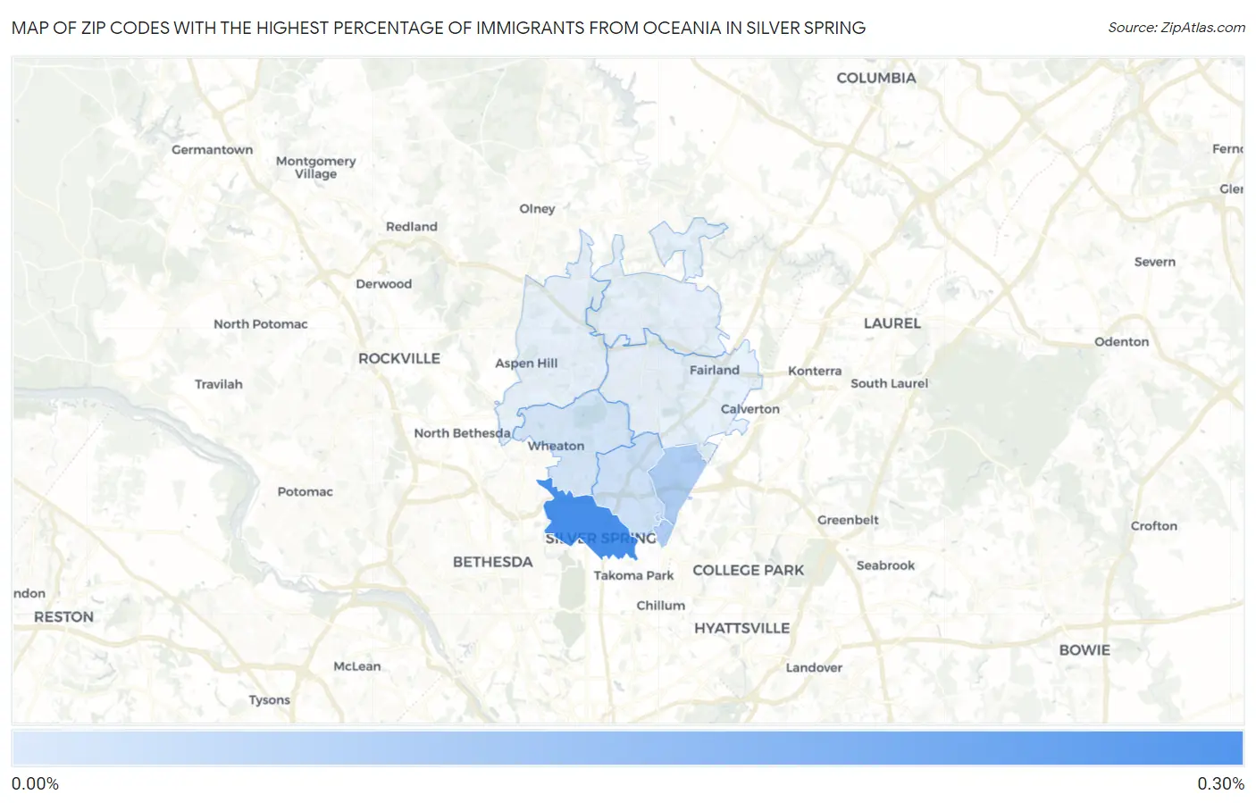 Zip Codes with the Highest Percentage of Immigrants from Oceania in Silver Spring Map