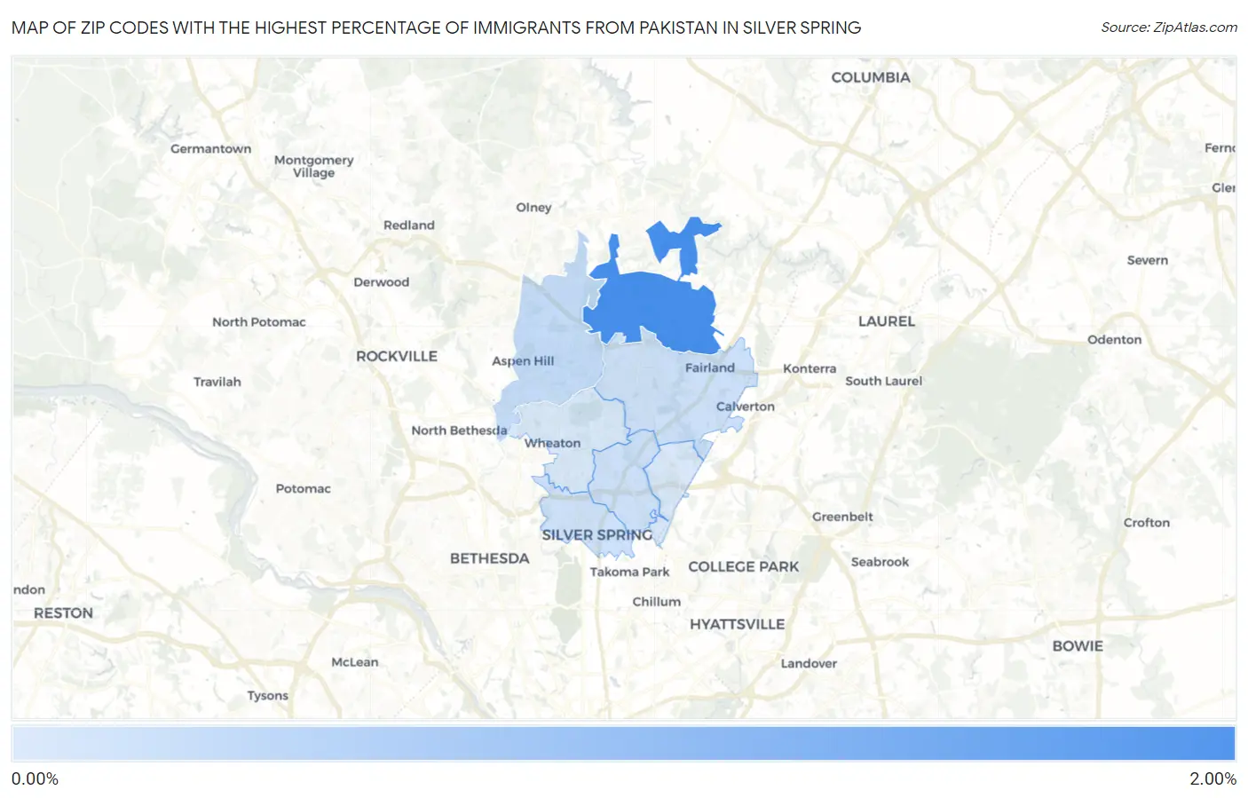 Zip Codes with the Highest Percentage of Immigrants from Pakistan in Silver Spring Map