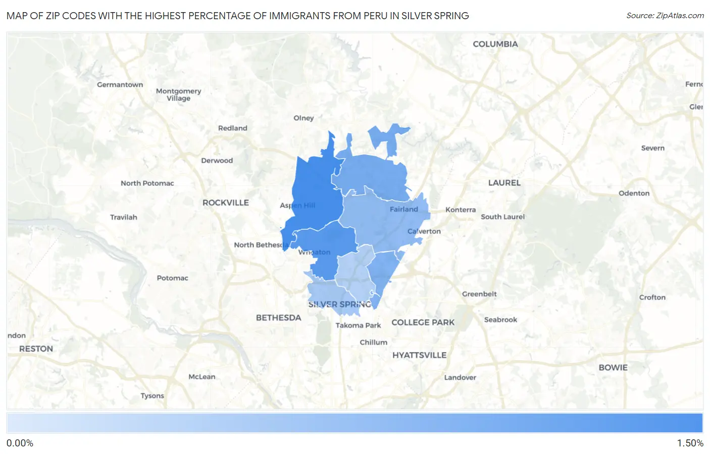 Zip Codes with the Highest Percentage of Immigrants from Peru in Silver Spring Map