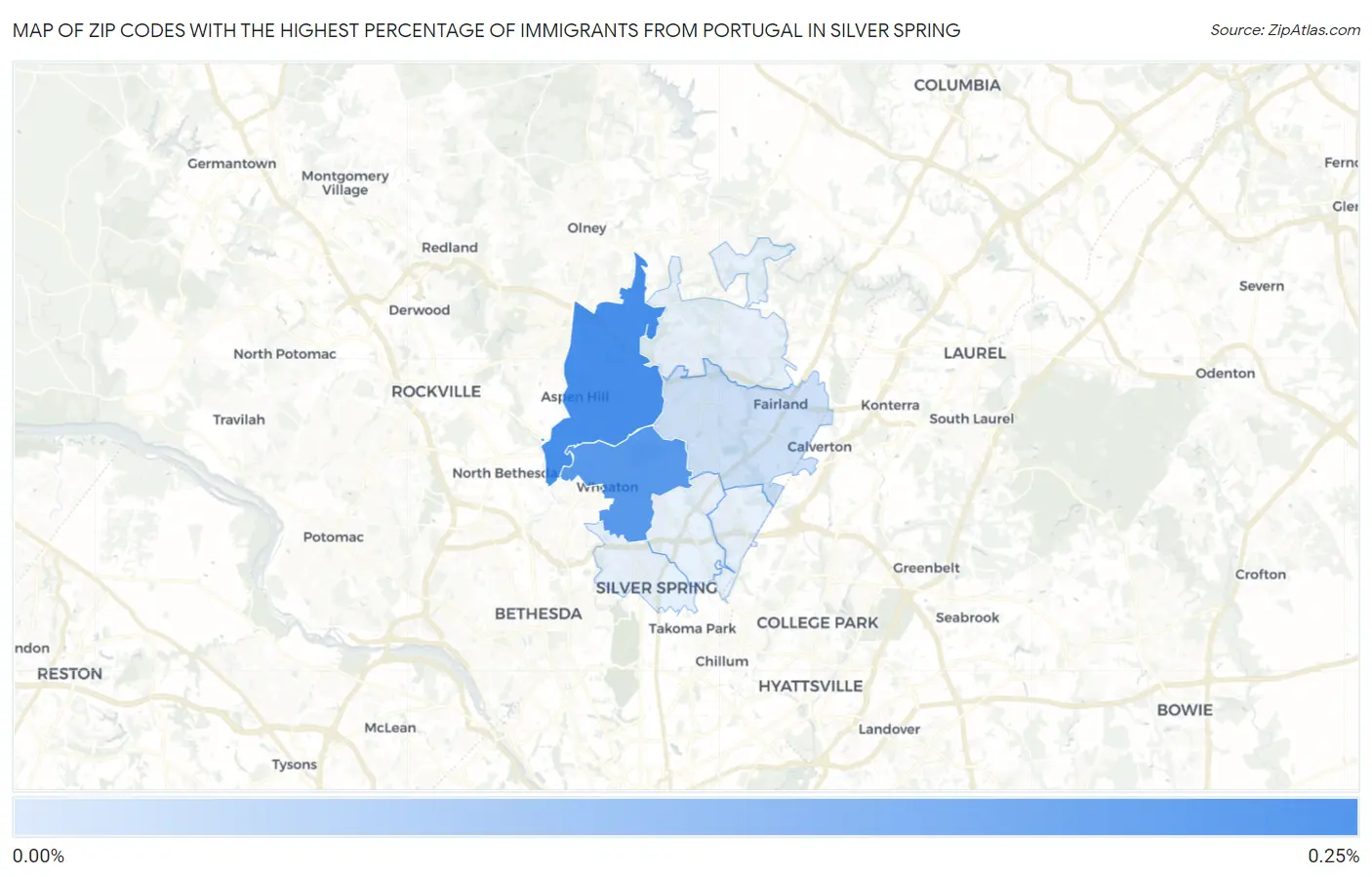 Zip Codes with the Highest Percentage of Immigrants from Portugal in Silver Spring Map