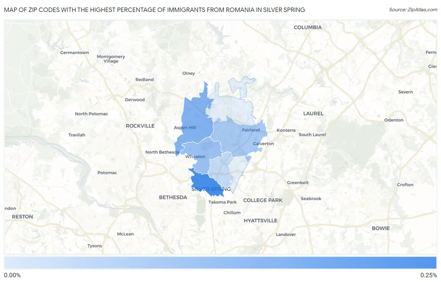 Zip Codes with the Highest Percentage of Immigrants from Romania in Silver Spring Map