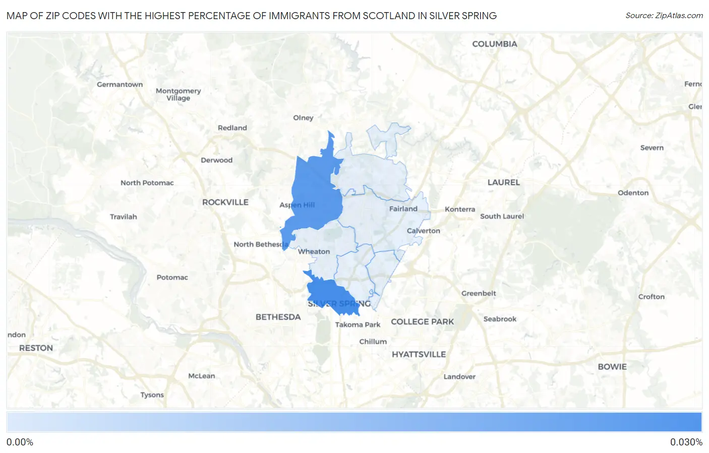 Zip Codes with the Highest Percentage of Immigrants from Scotland in Silver Spring Map