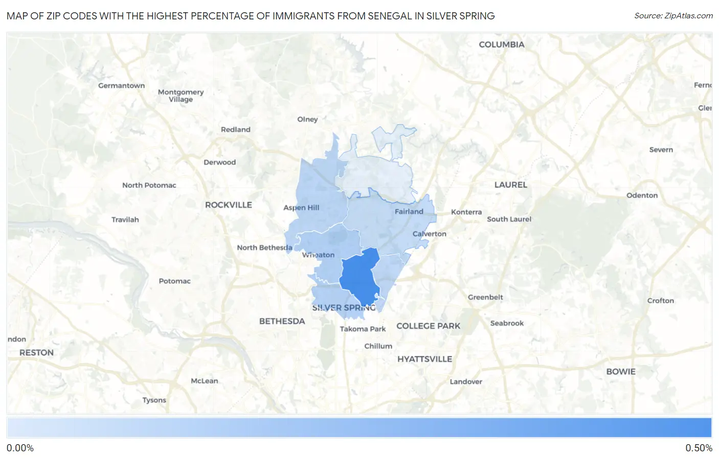 Zip Codes with the Highest Percentage of Immigrants from Senegal in Silver Spring Map