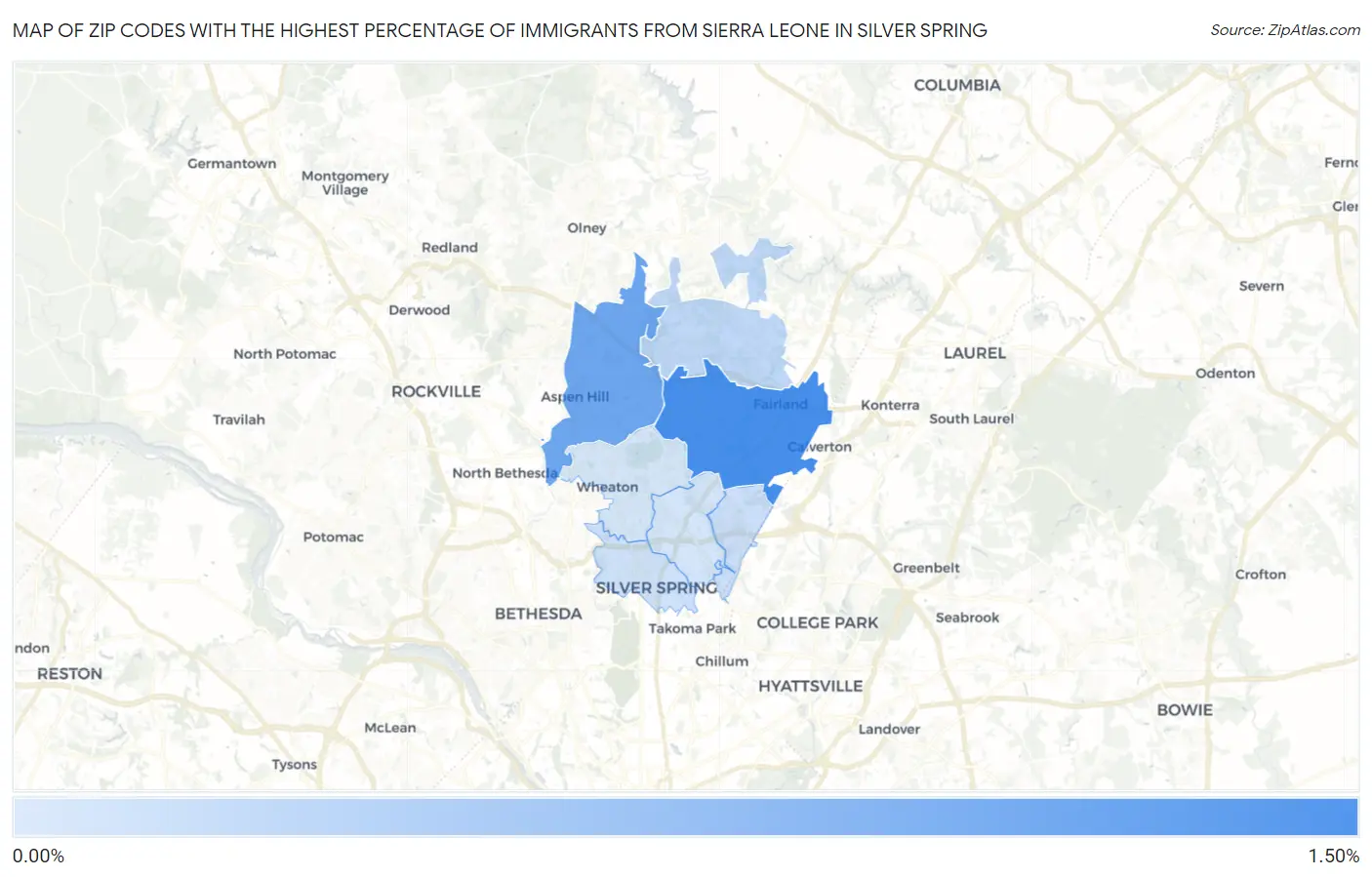 Zip Codes with the Highest Percentage of Immigrants from Sierra Leone in Silver Spring Map