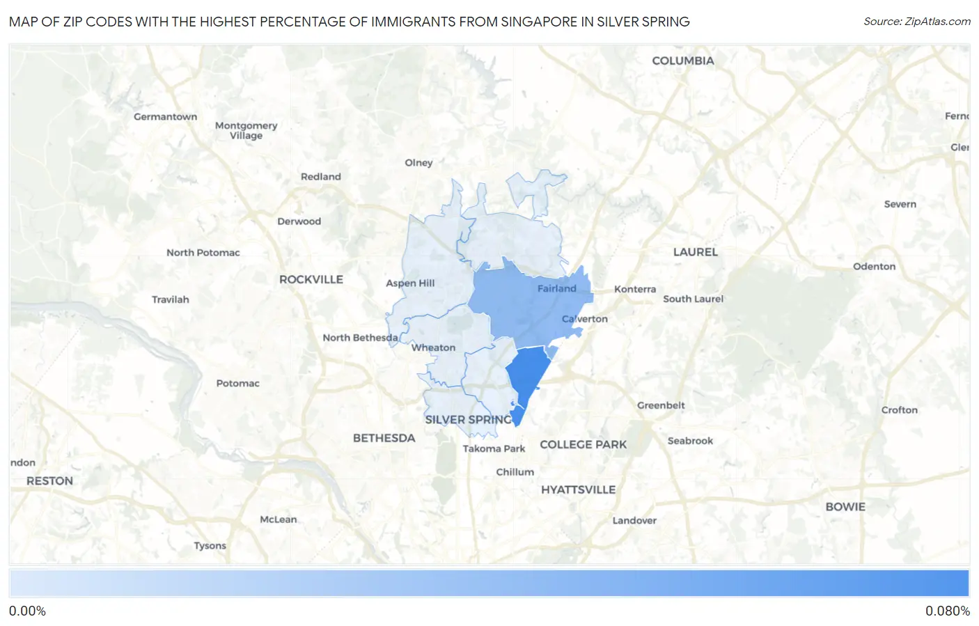 Zip Codes with the Highest Percentage of Immigrants from Singapore in Silver Spring Map