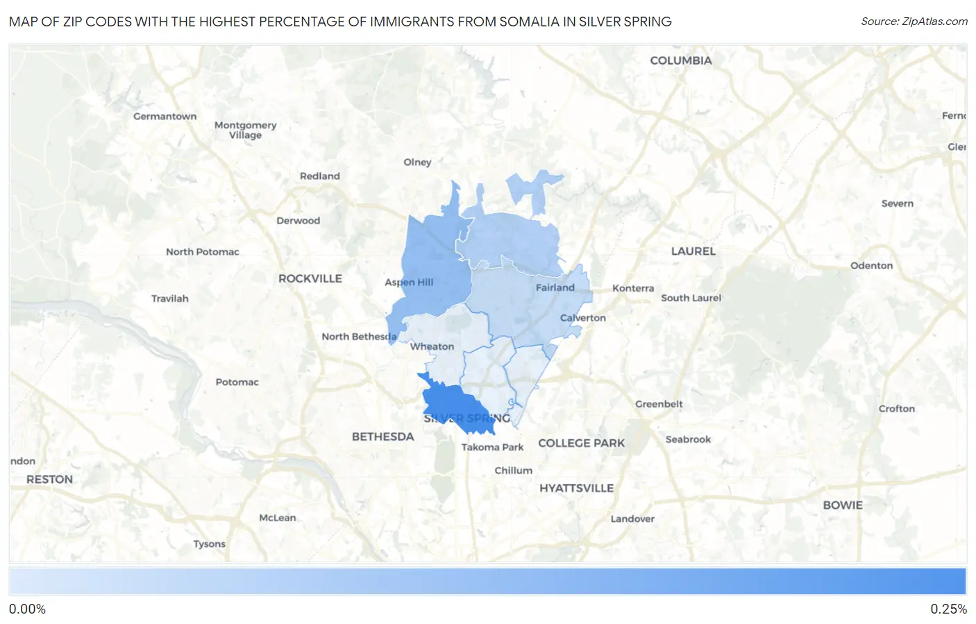 Zip Codes with the Highest Percentage of Immigrants from Somalia in Silver Spring Map