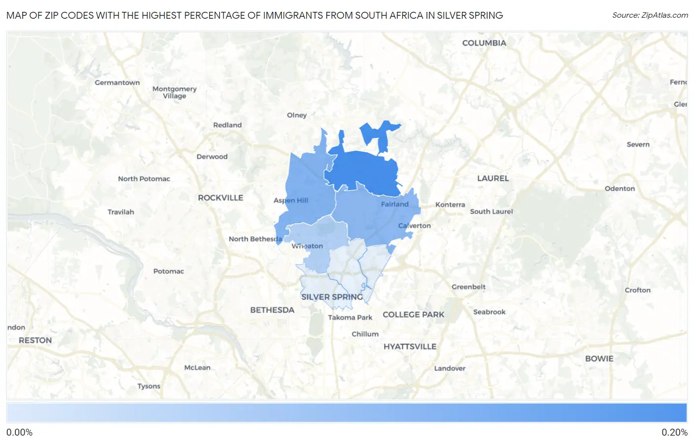 Zip Codes with the Highest Percentage of Immigrants from South Africa in Silver Spring Map