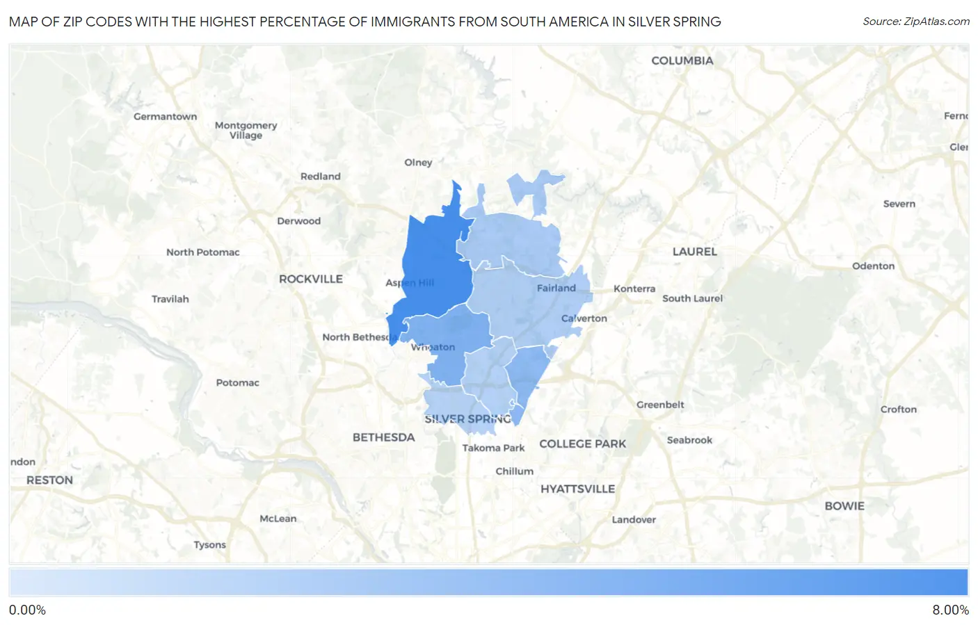 Zip Codes with the Highest Percentage of Immigrants from South America in Silver Spring Map