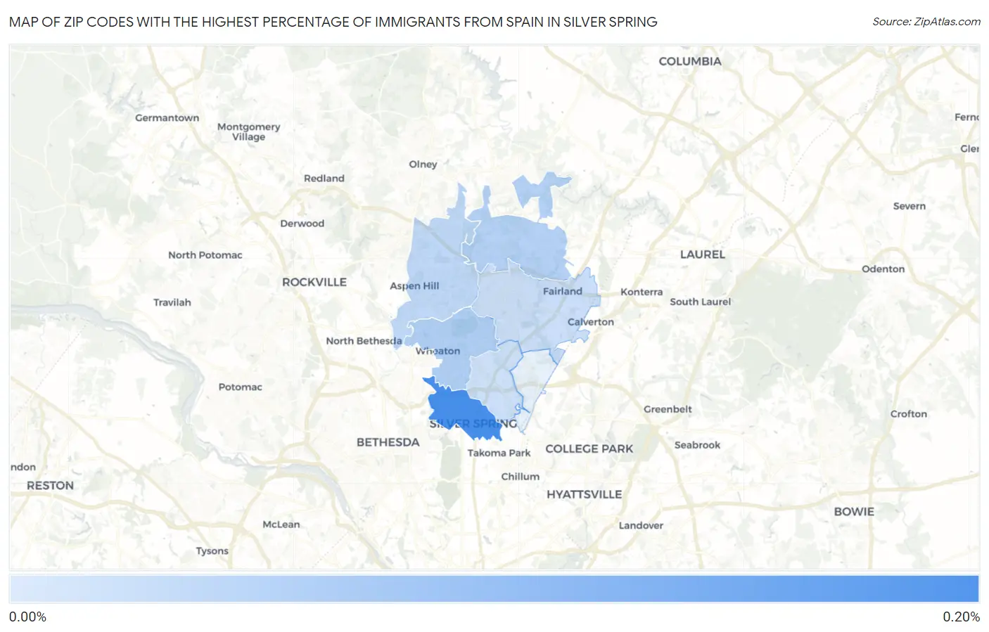 Zip Codes with the Highest Percentage of Immigrants from Spain in Silver Spring Map