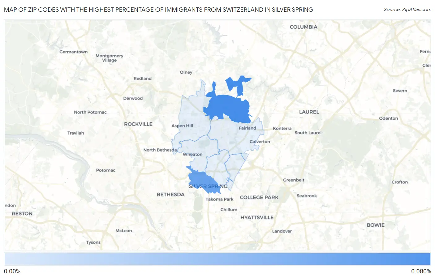 Zip Codes with the Highest Percentage of Immigrants from Switzerland in Silver Spring Map