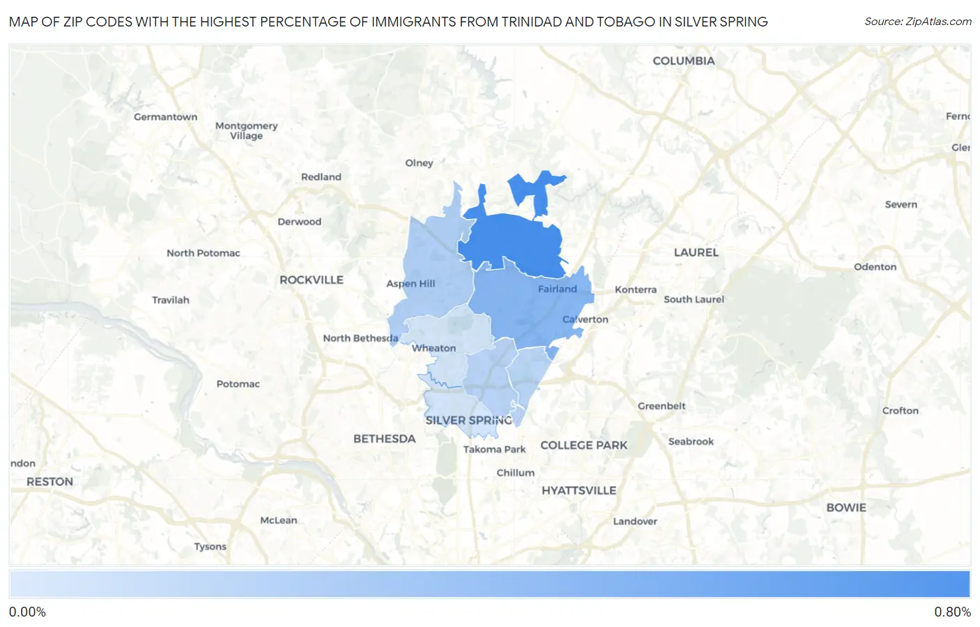 Zip Codes with the Highest Percentage of Immigrants from Trinidad and Tobago in Silver Spring Map