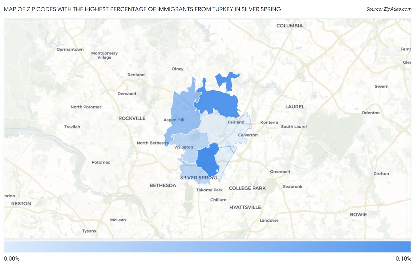 Zip Codes with the Highest Percentage of Immigrants from Turkey in Silver Spring Map