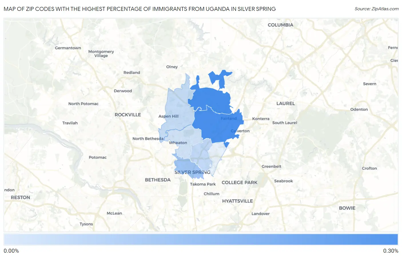 Zip Codes with the Highest Percentage of Immigrants from Uganda in Silver Spring Map