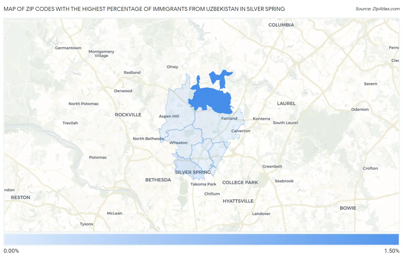 Zip Codes with the Highest Percentage of Immigrants from Uzbekistan in Silver Spring Map