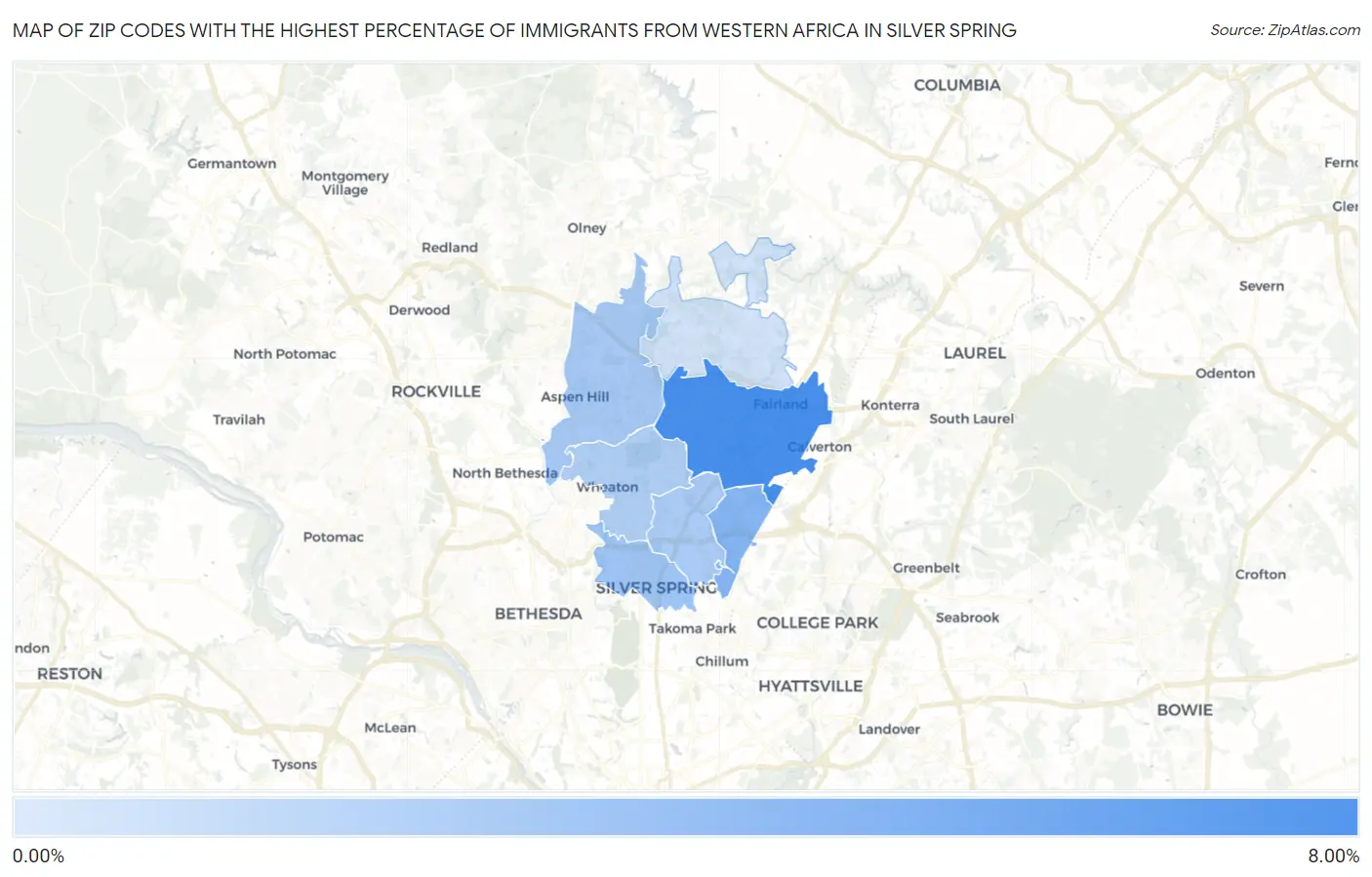 Zip Codes with the Highest Percentage of Immigrants from Western Africa in Silver Spring Map