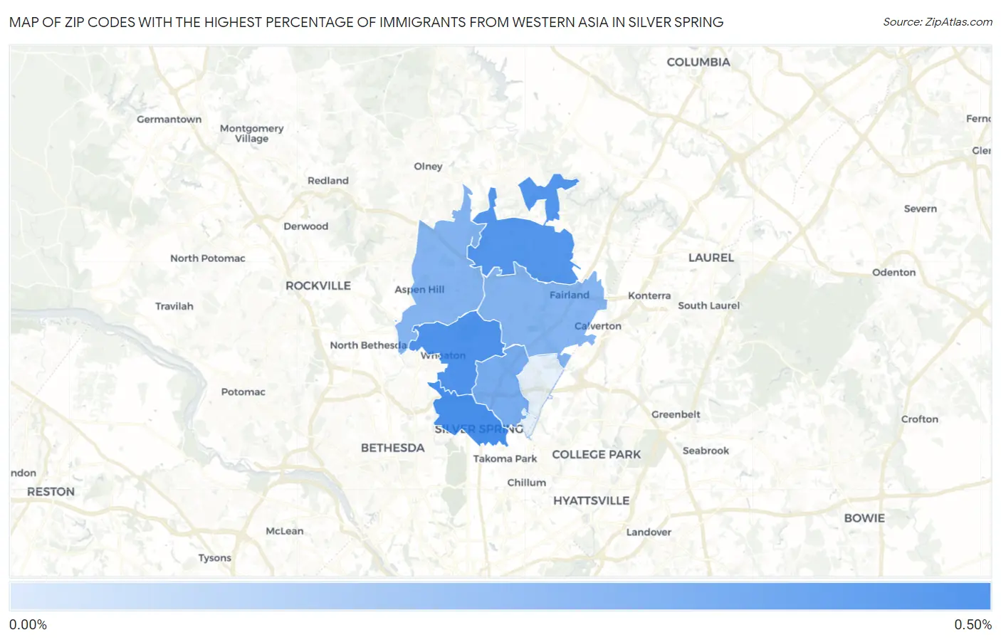 Zip Codes with the Highest Percentage of Immigrants from Western Asia in Silver Spring Map