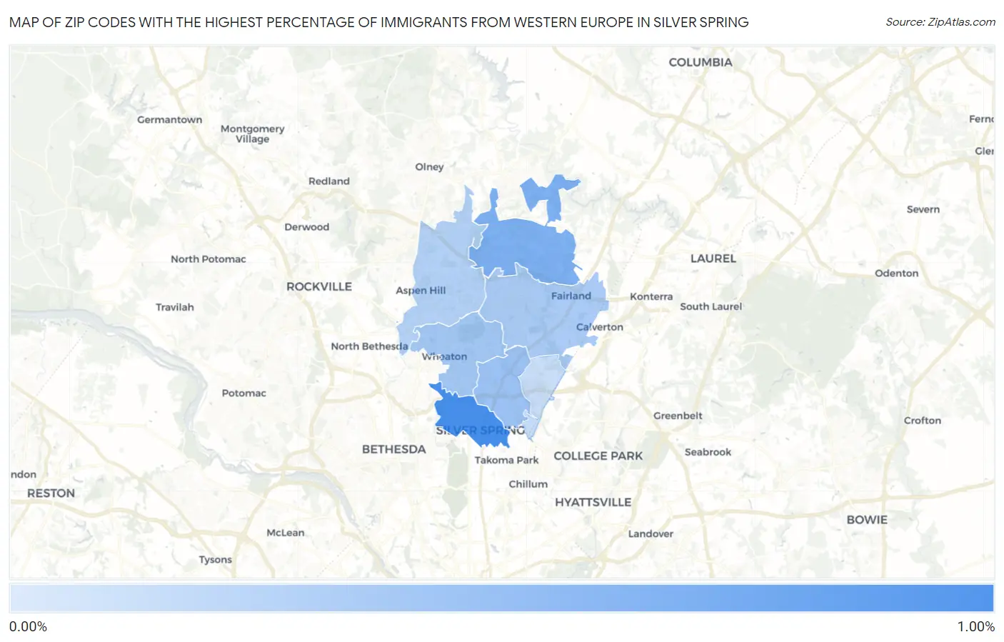 Zip Codes with the Highest Percentage of Immigrants from Western Europe in Silver Spring Map