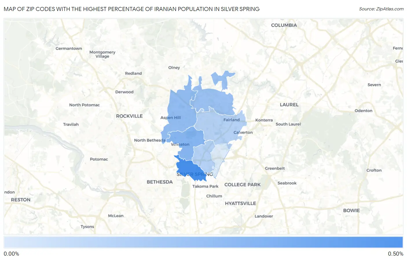 Zip Codes with the Highest Percentage of Iranian Population in Silver Spring Map