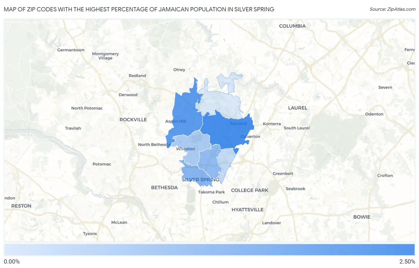 Zip Codes with the Highest Percentage of Jamaican Population in Silver Spring Map