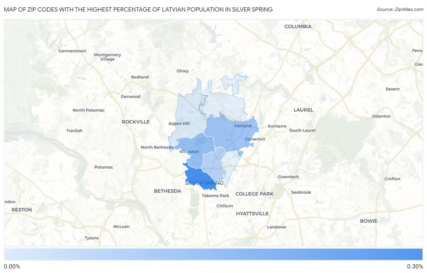 Zip Codes with the Highest Percentage of Latvian Population in Silver Spring Map
