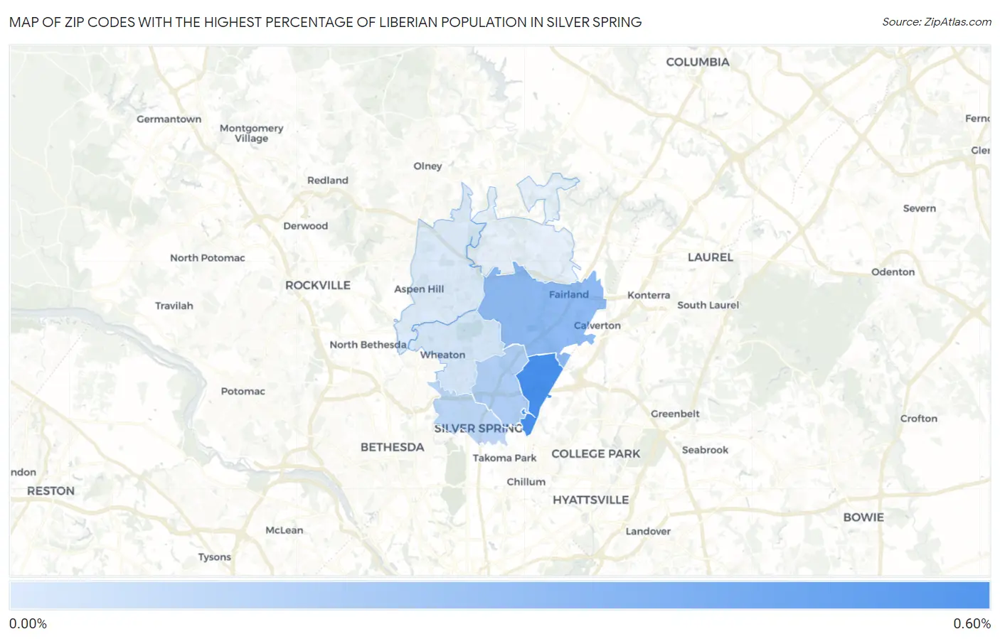 Zip Codes with the Highest Percentage of Liberian Population in Silver Spring Map
