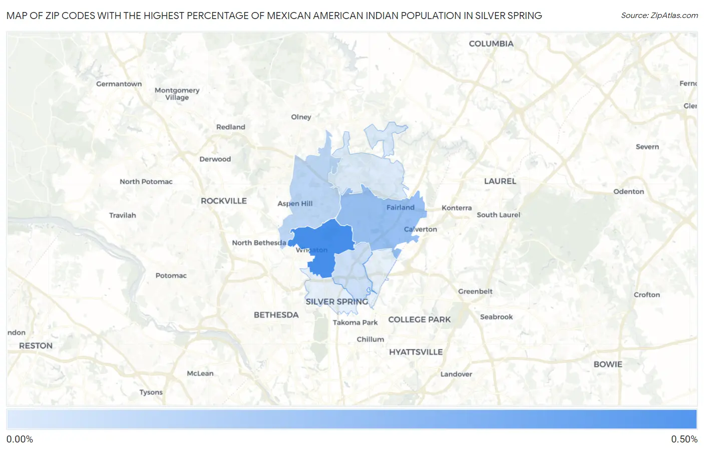 Zip Codes with the Highest Percentage of Mexican American Indian Population in Silver Spring Map