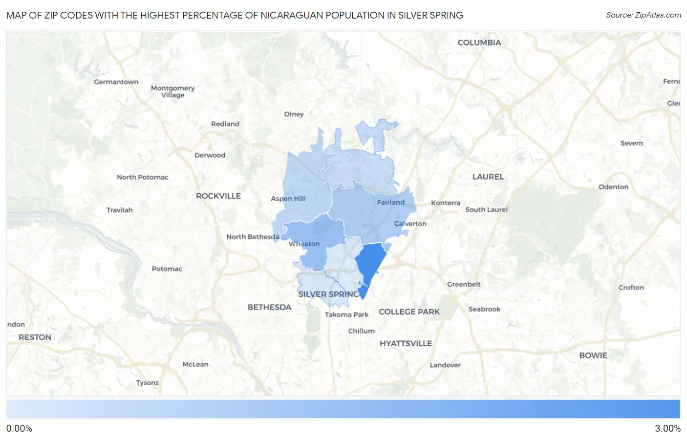 Zip Codes with the Highest Percentage of Nicaraguan Population in Silver Spring Map