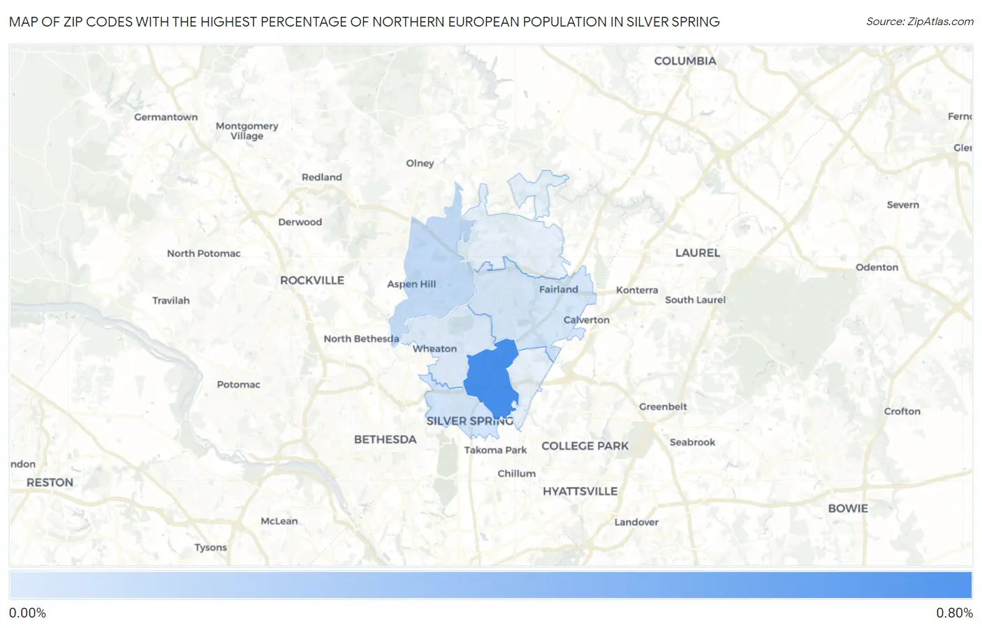 Zip Codes with the Highest Percentage of Northern European Population in Silver Spring Map