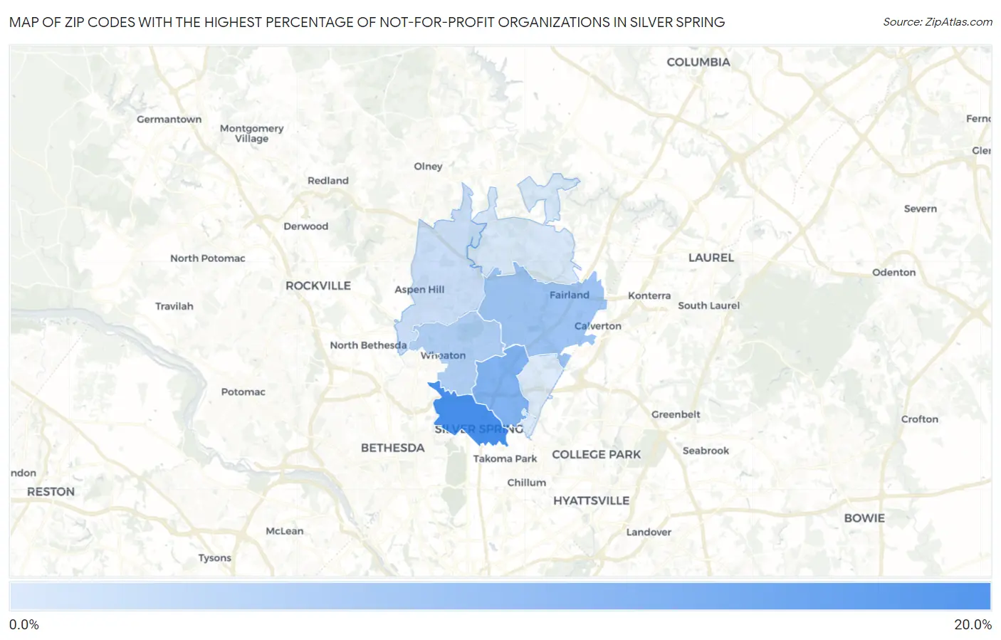 Zip Codes with the Highest Percentage of Not-for-profit Organizations in Silver Spring Map