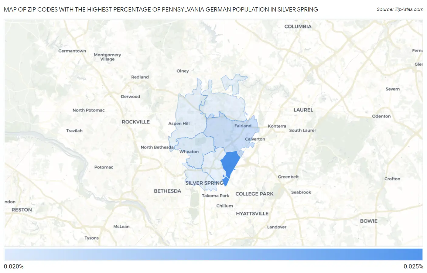 Zip Codes with the Highest Percentage of Pennsylvania German Population in Silver Spring Map