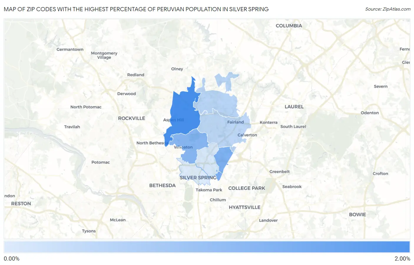 Zip Codes with the Highest Percentage of Peruvian Population in Silver Spring Map