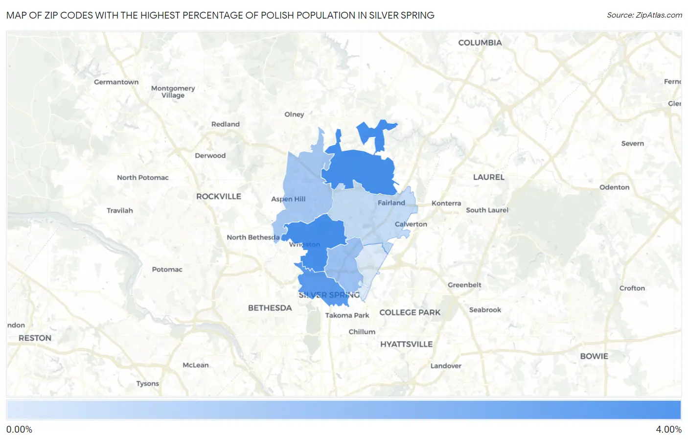 Zip Codes with the Highest Percentage of Polish Population in Silver Spring Map