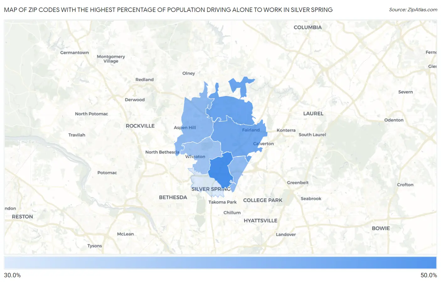 Zip Codes with the Highest Percentage of Population Driving Alone to Work in Silver Spring Map